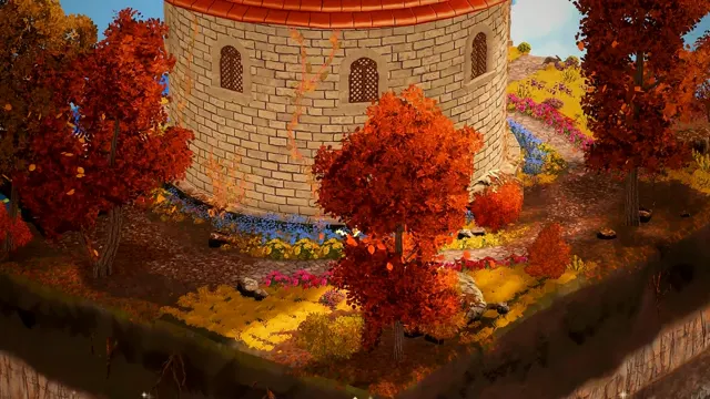 The castle garden in autumn, with red and orange trees.
