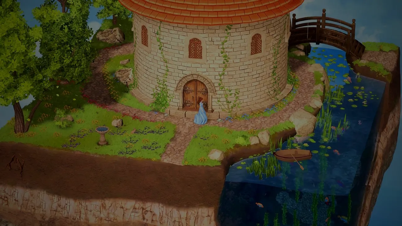 The castle tower on its island, with a garden path, a pond and a wooden bridge.
