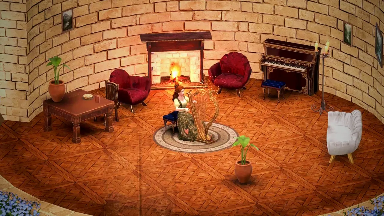 A princess playing a harp by the fire in a room with armchairs and a piano.