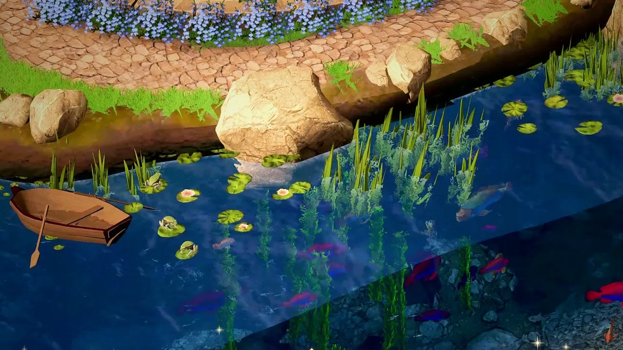 The castle pond seen from the side, with lily pads, a rowing boat and colourful fish under the water.