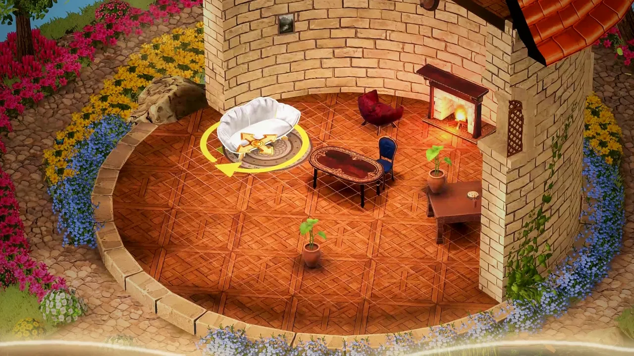 A round room being furnished, with a white bed mid-placement beside a fireplace and armchairs.