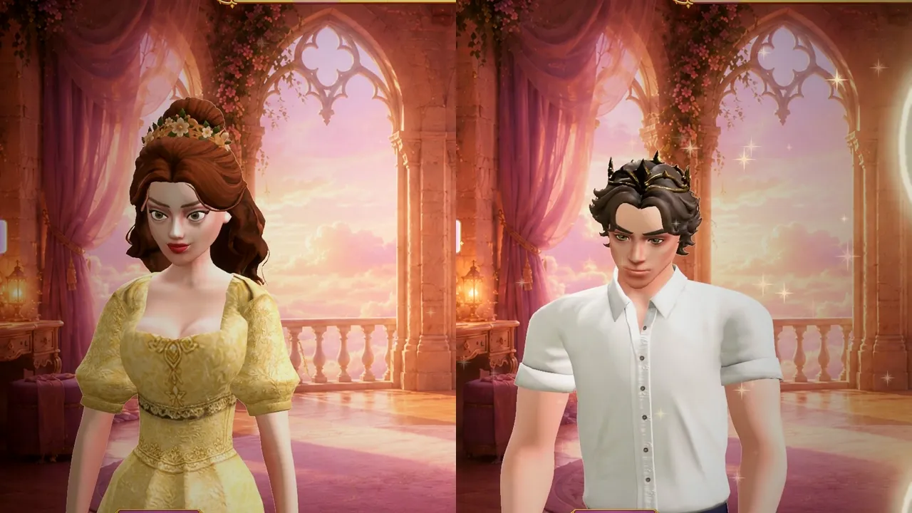 A princess in a yellow gown and a prince in a white shirt, side by side in a pink palace wardrobe.