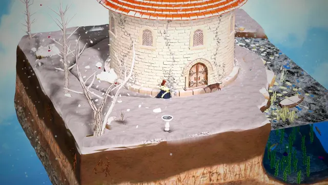The castle garden in winter, covered in snow.